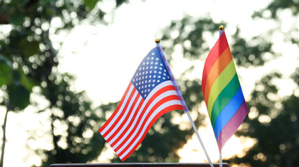 LGBT and USA flags decorated to call out the world to respect gender diversity in pride month, soft and selective focus on the flags.        