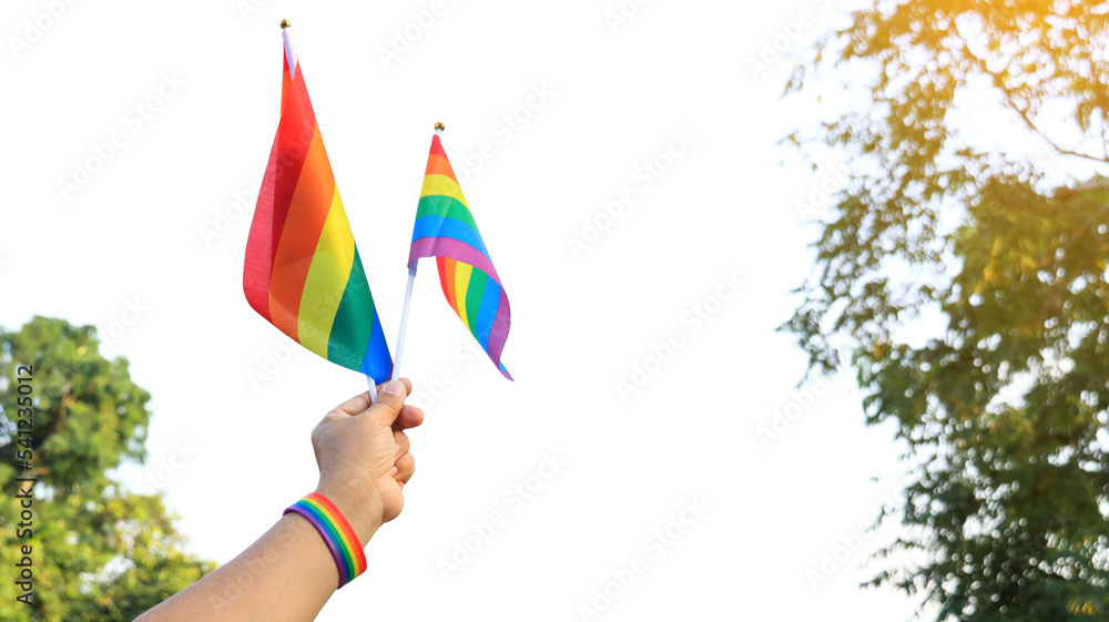 Wall mural LGBT rainbow flag holding by hand with blue sky in background to enhance LGBTQ+ community around the world