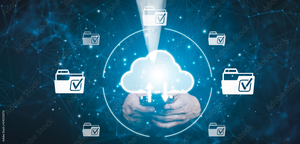 Poster businessman hold smartphone with data information on the cloud computing technology internet storage