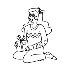 Vector doodle illustration of a girls with a present, Christmas and New Year vector clipart