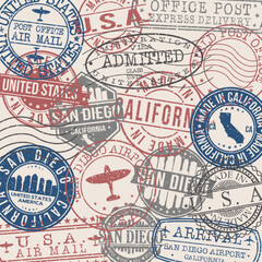 San Diego, CA, USA Set of Stamps. Travel Stamp. Made In Product. Design Seals Old Style Insignia.