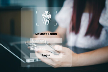 Hand touch fingerprint with virtual global with cyber security, Login, User, identification information security and encryption, secure access to users personal information, secure Internet access,