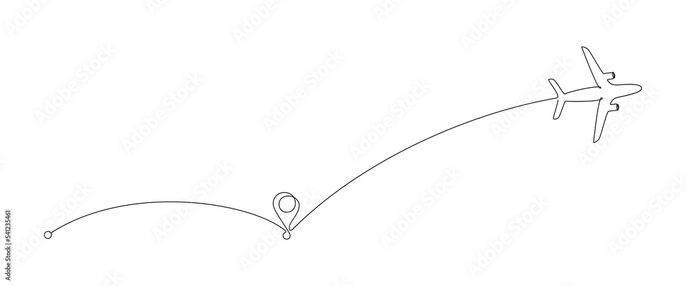 Poster Flying Airplane and path points in One Continuous line drawing. Concept of world travel and international flight airline with road in simple linear style. Editable stroke. Doodle Vector illustration