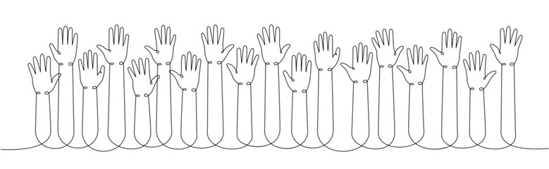 Raised hands one line continuous drawing. Applaud hands continuous one line illustration. Vector minimalist linear illustration.