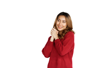 Excited confident asian happy woman in winter sweater red color isolated on white background.