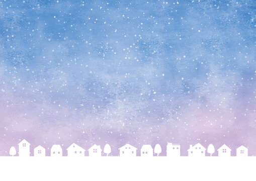 淡い紫と青の水彩画雪の街の背景