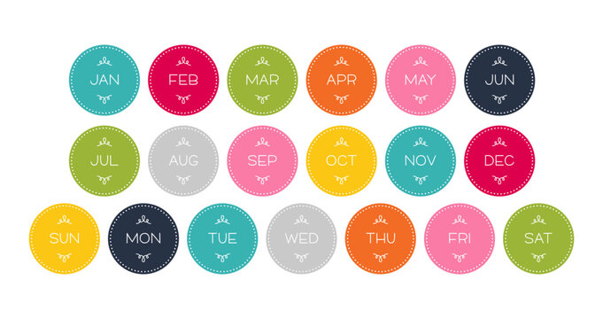 set of months and weekdays for planners