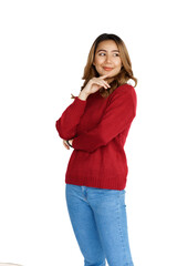 Excited confident asian happy woman in winter sweater red color isolated on white background.