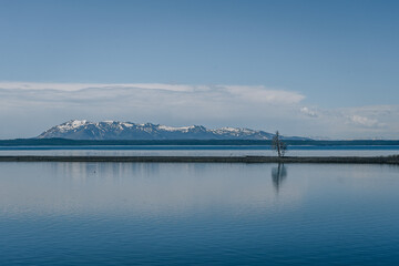 a view of the yellow Stone Lake to Snowy Mountains