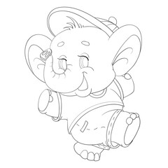 sketch, cute elephant in a cap dancing fun, coloring book, isolated object on a white background, cartoon illustration, vector,