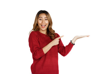 Excited confident asian happy woman in winter sweater red color isolated on white background. Pointing