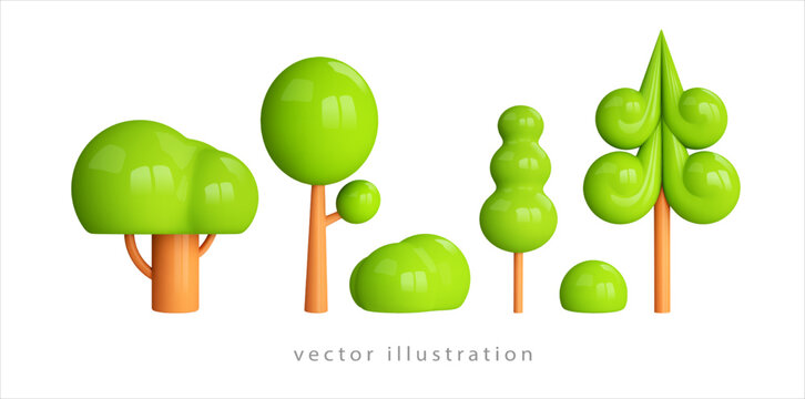 Set 3d green trees icon. Forest, garden,park, street,eco scene. Cartoon landscape. 3d render stylized plants for game, map. Vector illustration