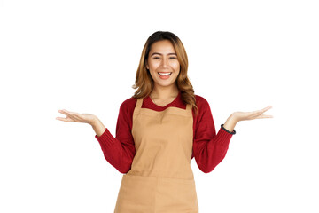 Coffee shop SME owner excited brunette asian woman wearing sweater and apron isolated on white background, Looking camera