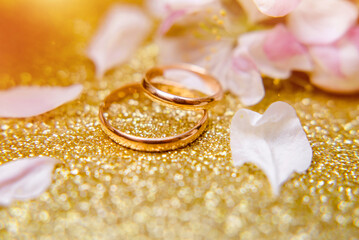 Gold wedding rings and Apple blossoms on a Golden background
