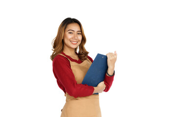 Coffee shop SME owner excited brunette asian woman wearing sweater and apron isolated on white background, Holding clipboard