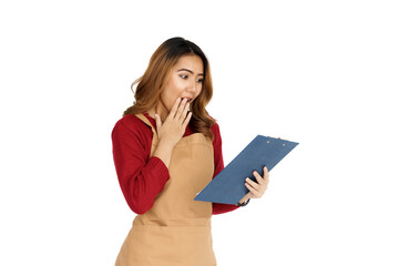 Naklejka premium Coffee shop SME owner excited brunette asian woman wearing sweater and apron isolated on white background, Holding clipboard