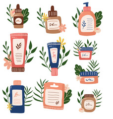 Cosmetics beauty product in jars, bottles and tubes with leaves. Natural skincare, body care, cream, lotion product.