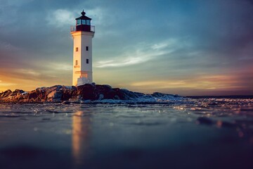 Fototapeta na wymiar partly gilded ice Lighthouse, made out of frozen water, frozen splashing waves, frozen ocean, golden hour lighting
