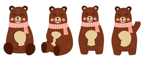 Brown Bear Vector Illustration Set. Autumn Bear wearing Scraft. Adorable Animal.