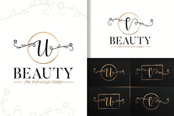 Fototapeta na wymiar Set of feminine beauty monogram logo letter u and v
