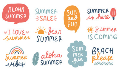 Set of cute typographic summer quotes. Cute hand drawn summer quotes. Summer lettering.