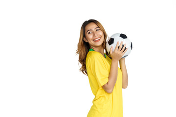 Brazilian supporter brazilian asian woman fan celebrating on soccer or football match isolated on...
