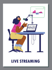 Live streaming banner with blogger podcast host, vector illustration isolated.