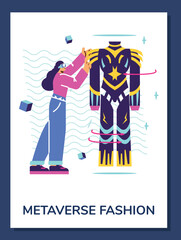 Metaverse fashion banner with buyer choosing new clothes online, flat vector.