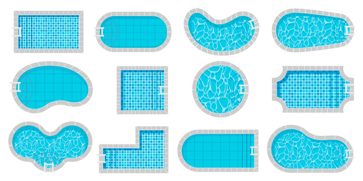 Pool top view. Swimming pools different shapes cartoon style, luxury exterior poolside with water texture tile, summer vacation swim area. Vector isolated set