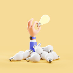 Cartoon hand holding a light bulb on a yellow background. Scattered light bulbs. The concept of insight and ideas. 3d rendering