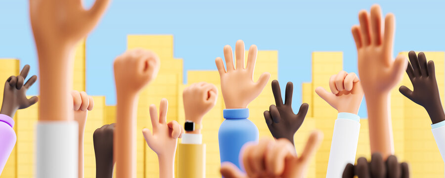 Cartoon hands of different races raised up fists. Protest or strike concept. 3d rendering