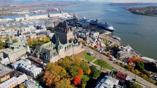 Aerial view drone of Quebec City. Amazing view of Frontenac Castle and Saint-Laurent River. 4K