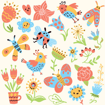 Childish pattern with flat birds, flowers and cute insects. Colorful cartoon characters. Funny vector illustration. Isolated on white background. Seamless baby pattern