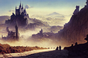 Fantasy landscape with castle in the countryside.