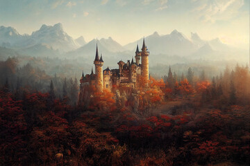 Fototapeta premium Fantasy landscape with castle in the countryside.