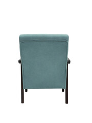 blue fabric armchair with wooden elbow and legs on white background, back view