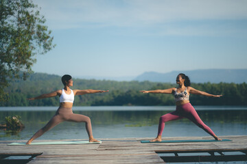 beautiful female healthy lifestyle, young sport girl woman person exercise with outdoor yoga of morn nature summer sunrise or sunset, fitness to peace relax meditation of body balance training pose