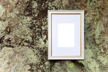 Empty frame mockup with copy space, text or art space on mossy rock texture background