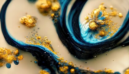 Fototapeta na wymiar Luxurious golden fluid art with blue. Gold and blue waves, smooth lines and stains of liquid paint, acrylic art. Gold dust and gems, beauty background. 3D illustration.