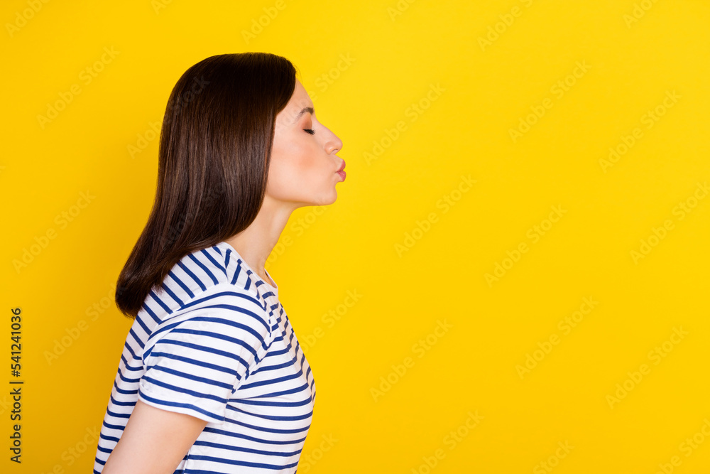 Sticker Profile side view photo of sweet gentle lady eyes closed imagine boyfriend send kiss isolated on yellow color background