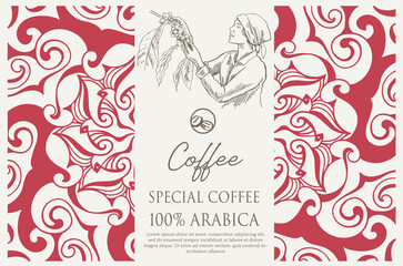 coffee packaging label of ink drawing on paper for promotion design. coffee promotion banner of coffee bean picker image in vintage style.