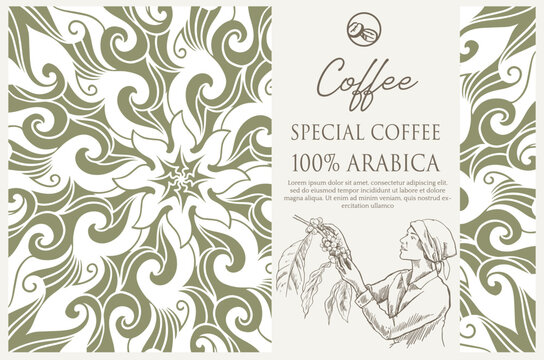 coffee packaging label of ink drawing on paper for promotion design. coffee promotion banner of coffee bean picker image in vintage style.