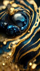 Luxurious golden fluid art with blue. Gold and blue waves, smooth lines and stains of liquid paint, acrylic art. Gold dust and gems, beauty background. 3D illustration.
