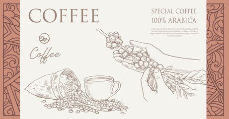 coffee packaging label of ink drawing on paper for promotion design. coffee promotion banner of coffee bean picker image in vintage style.