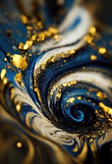 Luxurious golden fluid art with blue. Gold and blue waves, smooth lines and stains of liquid paint, acrylic art. Gold dust and gems, beauty background. 3D illustration.