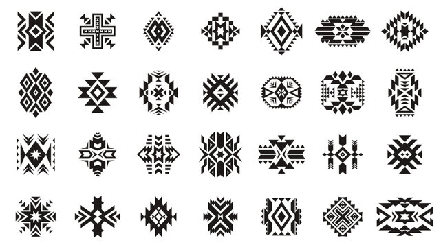 Aztec tribal ornament. Geometric ethnic motif elements of native american culture, ancient Peru tribal traditional decorative art emblems. Vector set