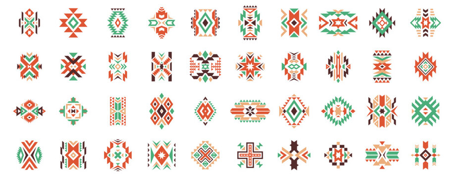 Aztec ethnic motif. Native american geometric pattern, colored mexican tribal art elements for logo tattoo fabric design. Vector isolated set