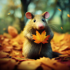 Süße Maus sammelt im Wald Blätter vom Herbstlaub, photorealistisch, Illustration, 3D, AI