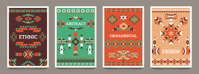 Aztec geometric posters. Ethnic mexican tribe ornament, ancient indian abstract design for card flyer cover print. Vector modern set