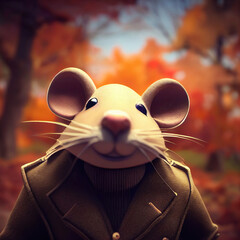 Süße Maus im Anzug im Wald umgeben von Herbstlaub, Illustration, 3D, AI